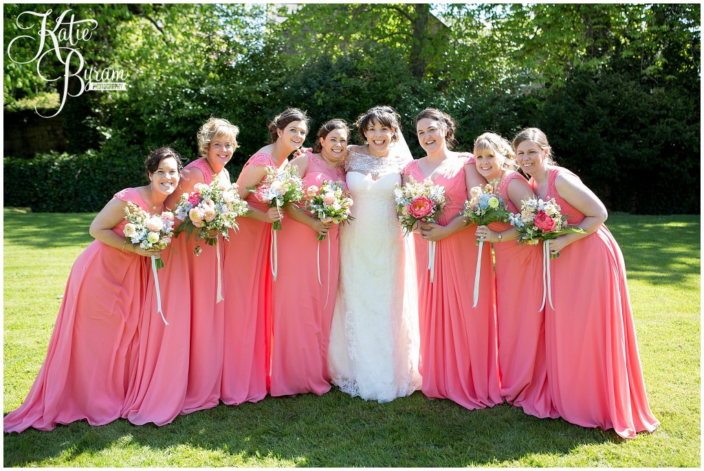 coral bridesmaid dresses, ellingham hall wedding, valley retro car, wildflower florist, northumberland wedding, northumberland wedding venue, katie byram photography, yap bridal, 