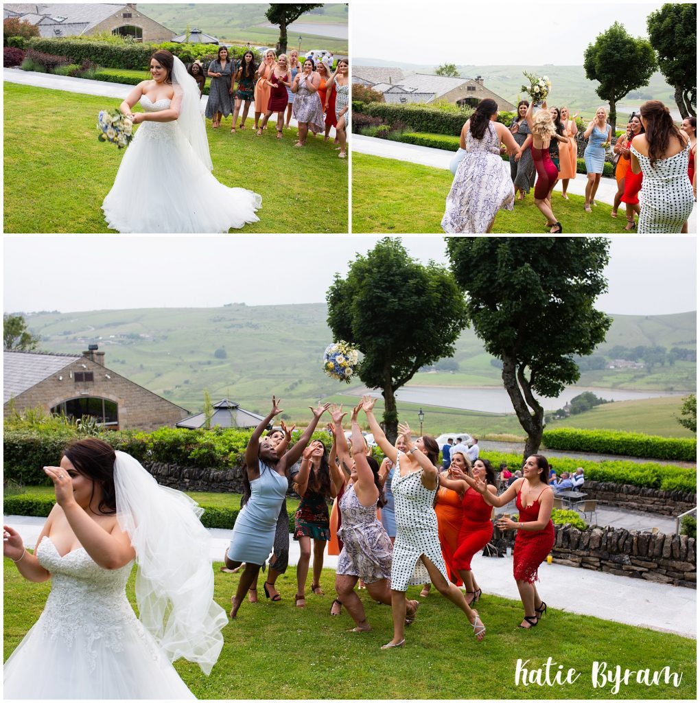 bouquet toss, saddleworth hotel wedding, katie byram photography, huddersfield wedding photographer