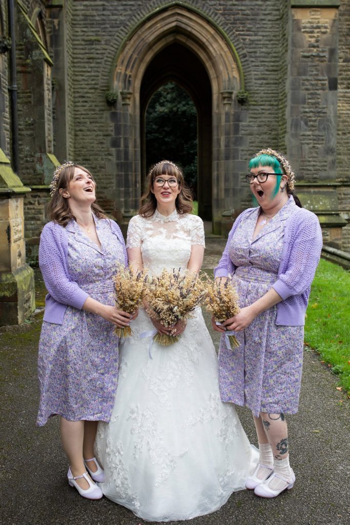 alternative bridesmaid dresses, todmorden wedding, yorkshire wedding, todmorden unitarian church, katie byram photography