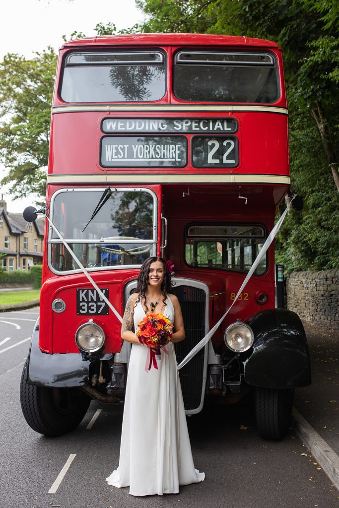 huddersfield wedding, red double decker bus, wedding transport, huddersfield wedding photographer, Katie Byram Photography, huddersfield register office, Huddersfield Town Hall, Waterloo suite